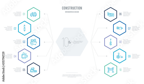 construction concept business infographic design with 10 hexagon options. outline icons such as stopping, angle grinder, screwdrivers, grinder, vise, hex key