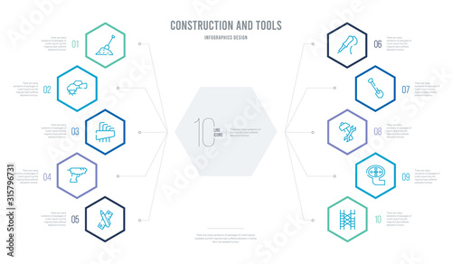 construction and tools concept business infographic design with 10 hexagon options. outline icons such as scaffolding, drain, improvement, spade, iron soldering, caulk gun