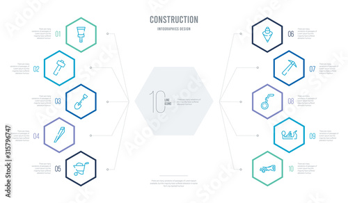 construction concept business infographic design with 10 hexagon options. outline icons such as hand saw, jack plane, measuring wheel, pick axe, plumb bob, wedge tool