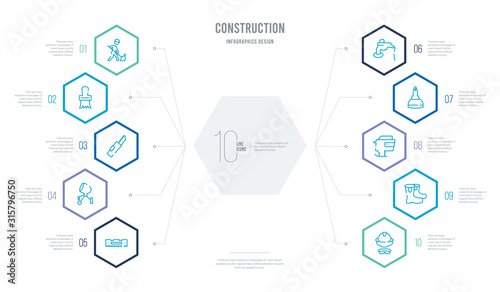 construction concept business infographic design with 10 hexagon options. outline icons such as safety helmet, rubber boots, rammer, putty knife, polishers, cement mixers