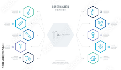construction concept business infographic design with 10 hexagon options. outline icons such as home repair, blade saw, hook with cargo, plumbing pipes, blowtorch, garage screw