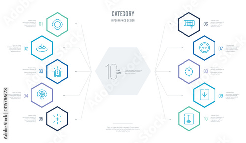 category concept business infographic design with 10 hexagon options. outline icons such as word, select, scroll, hold, typing, pointer