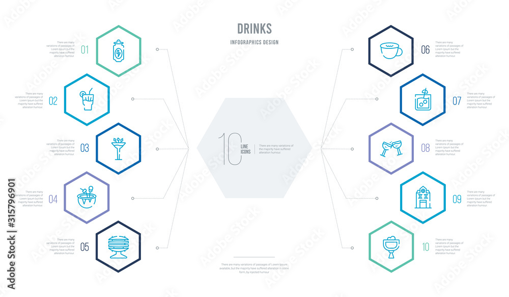 drinks concept business infographic design with 10 hexagon options. outline icons such as brandy glass, brewery, brindis with wine glasses, caipirinha, cappuccino, coconut drink drinks concept business infographic design with 10 hexagon options. outline icons such as brandy glass, brewery, brindis with wine glasses, caipirinha, cappuccino, coconut drink