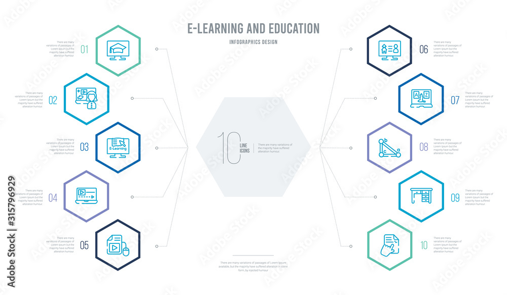 e-learning and education concept business infographic design with 10 hexagon options. outline icons such as studying, teacher desk, trigonometry, vocabulary, daycare center, video tutorials