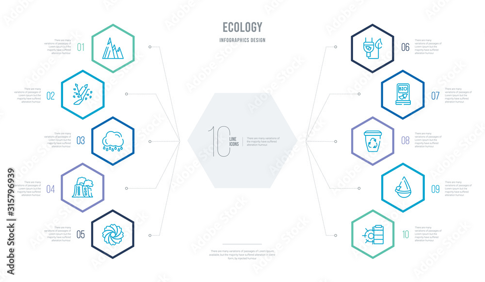 ecology concept business infographic design with 10 hexagon options. outline icons such as eco cell, oil drops, dust bin, bio fuel, eco plug, power plant