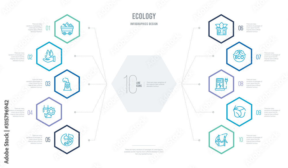 ecology concept business infographic design with 10 hexagon options. outline icons such as energy, sustainability, electric station, natural product, home, solar plug ecology concept business infographic design with 10 hexagon options. outline icons such as energy, sustainability, electric station, natural product, home, solar plug