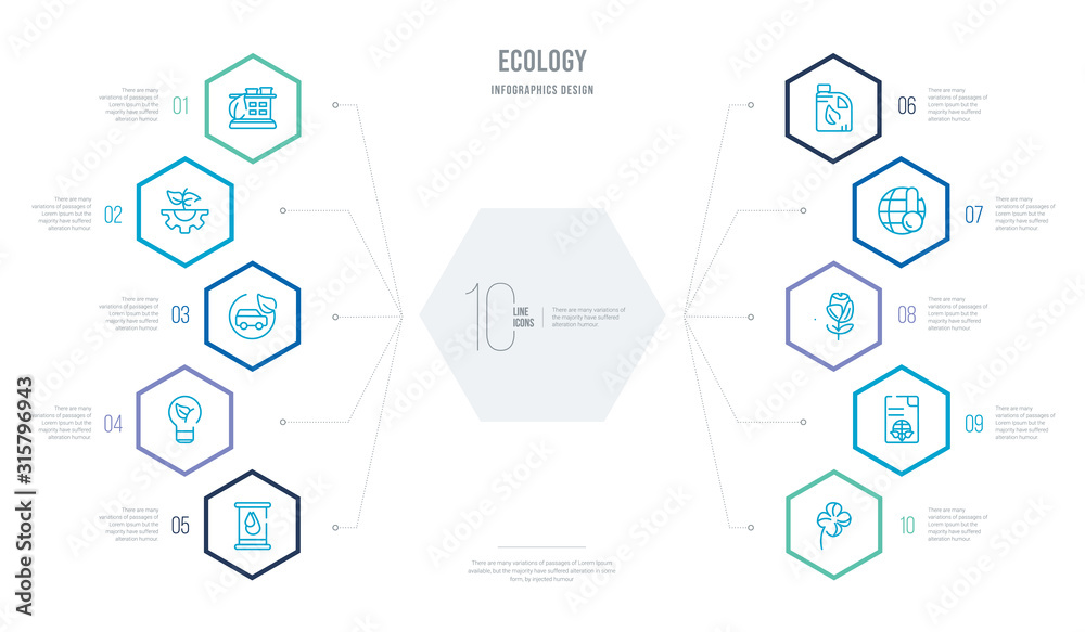 ecology concept business infographic design with 10 hexagon options. outline icons such as shamrock, recycled paper, rose, global warming, biodiesel, eco bulb ecology concept business infographic design with 10 hexagon options. outline icons such as shamrock, recycled paper, rose, global warming, biodiesel, eco bulb
