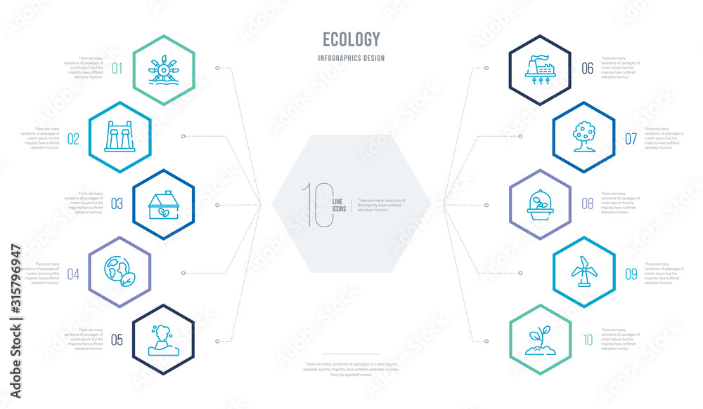 ecology concept business infographic design with 10 hexagon options. outline icons such as eco plant, eco turbine, ecologism, fruit tree, geothermal energy, earth ecology concept business infographic design with 10 hexagon options. outline icons such as eco plant, eco turbine, ecologism, fruit tree, geothermal energy, earth