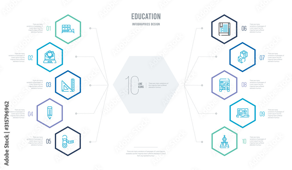 education concept business infographic design with 10 hexagon options. outline icons such as draw with compass, educational video, bookshelf with books, creche, tactile tablet, geometric pencil education concept business infographic design with 10 hexagon options. outline icons such as draw with compass, educational video, bookshelf with books, creche, tactile tablet, geometric pencil