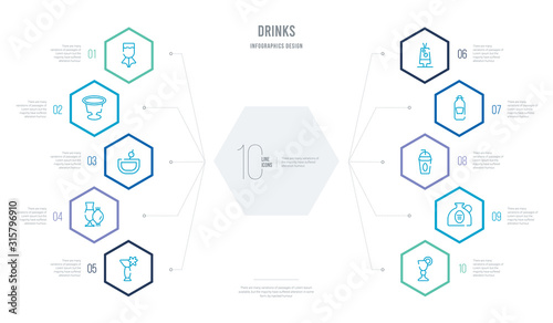 drinks concept business infographic design with 10 hexagon options. outline icons such as sidecar drink, alcohol, smoothie, soda can, tropical itch, pomegranate martini