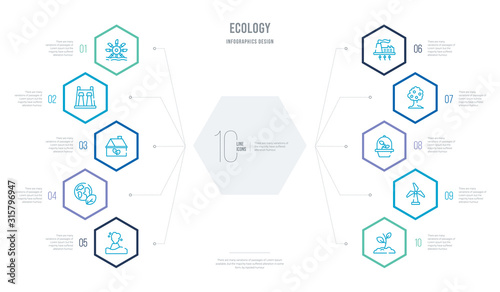 ecology concept business infographic design with 10 hexagon options. outline icons such as eco plant, eco turbine, ecologism, fruit tree, geothermal energy, earth