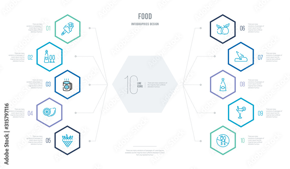 food concept business infographic design with 10 hexagon options. outline icons such as no eating, alcoholic drinks, sparkling wine, fallen, apple leaf, lemon slice food concept business infographic design with 10 hexagon options. outline icons such as no eating, alcoholic drinks, sparkling wine, fallen, apple leaf, lemon slice