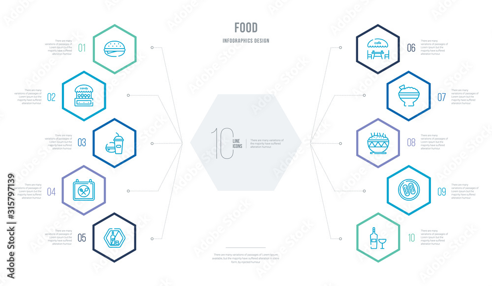 food concept business infographic design with 10 hexagon options. outline icons such as scotch, french, canadian, mexican, cafe bar, restaurant food concept business infographic design with 10 hexagon options. outline icons such as scotch, french, canadian, mexican, cafe bar, restaurant