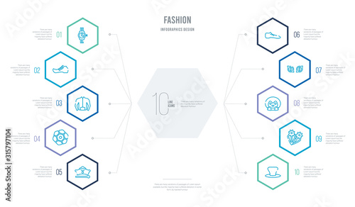 fashion concept business infographic design with 10 hexagon options. outline icons such as cylinder hat, barrette, tux, cat eyes, one shoe, precious stone
