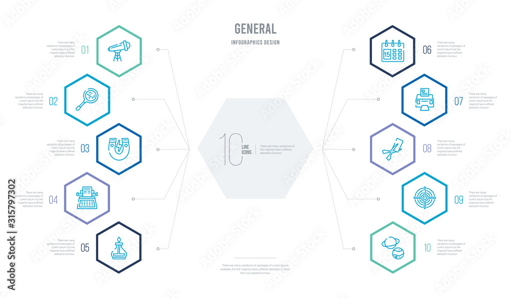 general concept business infographic design with 10 hexagon options. outline icons such as solar system planets, sniper gun target, papper cut scirssors, school printer, classroom calendar, old general concept business infographic design with 10 hexagon options. outline icons such as solar system planets, sniper gun target, papper cut scirssors, school printer, classroom calendar, old