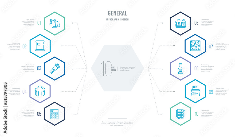 general concept business infographic design with 10 hexagon options. outline icons such as filing cabinet, typewriter with paper, washing machine, big electric fan, back camera, small headphone general concept business infographic design with 10 hexagon options. outline icons such as filing cabinet, typewriter with paper, washing machine, big electric fan, back camera, small headphone