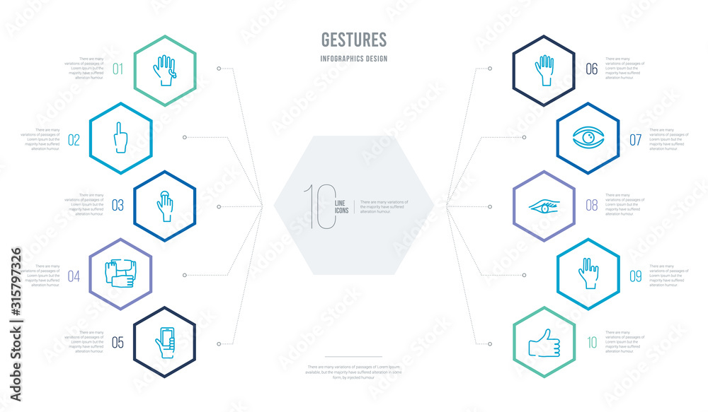 gestures concept business infographic design with 10 hexagon options. outline icons such as thumb finger up, two fingers up, eyelashes, eyelid, greetings, charity donation gestures concept business infographic design with 10 hexagon options. outline icons such as thumb finger up, two fingers up, eyelashes, eyelid, greetings, charity donation