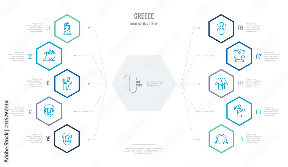 greece concept business infographic design with 10 hexagon options. outline icons such as omega, zeus, robe, armor, socrates, plato greece concept business infographic design with 10 hexagon options. outline icons such as omega, zeus, robe, armor, socrates, plato