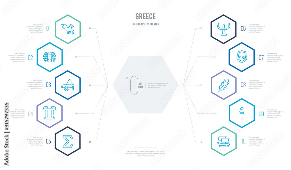 greece concept business infographic design with 10 hexagon options. outline icons such as trireme, sports torch, ink and quill, aspis, psi, pillar greece concept business infographic design with 10 hexagon options. outline icons such as trireme, sports torch, ink and quill, aspis, psi, pillar