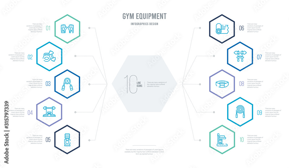 gym equipment concept business infographic design with 10 hexagon options. outline icons such as gym station, jumping equipment, belt, fitness bench, mat, bench press gym equipment concept business infographic design with 10 hexagon options. outline icons such as gym station, jumping equipment, belt, fitness bench, mat, bench press