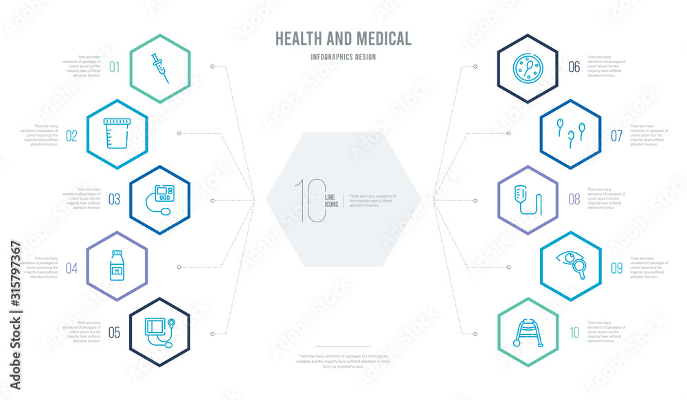 health and medical concept business infographic design with 10 hexagon options. outline icons such as medical walker, ophthalmology, saline, sperm, spermatozoon, syrup health and medical concept business infographic design with 10 hexagon options. outline icons such as medical walker, ophthalmology, saline, sperm, spermatozoon, syrup