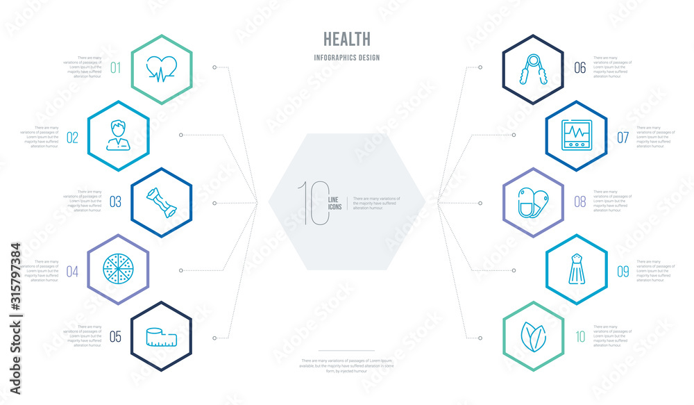 health concept business infographic design with 10 hexagon options. outline icons such as bio, salt, pills, pulse, handgrip, pizza health concept business infographic design with 10 hexagon options. outline icons such as bio, salt, pills, pulse, handgrip, pizza