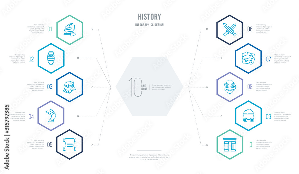 history concept business infographic design with 10 hexagon options. outline icons such as pillars, cart, face, stone, sword, egypt history concept business infographic design with 10 hexagon options. outline icons such as pillars, cart, face, stone, sword, egypt