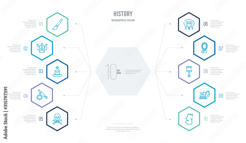history concept business infographic design with 10 hexagon options. outline icons such as moais, digger, brushes, bracelet, sphinx, ancient weapon history concept business infographic design with 10 hexagon options. outline icons such as moais, digger, brushes, bracelet, sphinx, ancient weapon