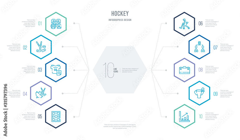 hockey concept business infographic design with 10 hexagon options. outline icons such as graph bar, emblem, medical kit, playoff, ice hockey, maple leaf hockey concept business infographic design with 10 hexagon options. outline icons such as graph bar, emblem, medical kit, playoff, ice hockey, maple leaf
