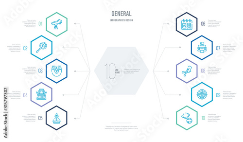 general concept business infographic design with 10 hexagon options. outline icons such as solar system planets, sniper gun target, papper cut scirssors, school printer, classroom calendar, old