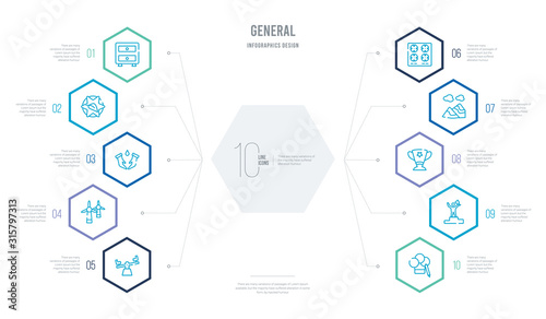 general concept business infographic design with 10 hexagon options. outline icons such as chef hat with a pencil, winning, win, sand, hob, renewable energy label