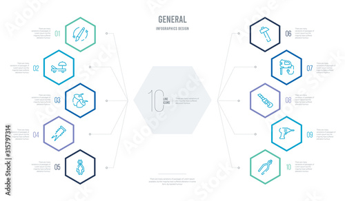 general concept business infographic design with 10 hexagon options. outline icons such as nail puller, perforator, stationery knife, fretsaw, sledgehammer, dyupel