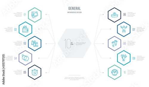 general concept business infographic design with 10 hexagon options. outline icons such as rewind time, poor, steps, man with open arms, head mirror, interlocking rings