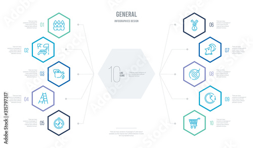 general concept business infographic design with 10 hexagon options. outline icons such as shopping trolley, clockwise, cd record, wolf howling, number one medal, stepladder