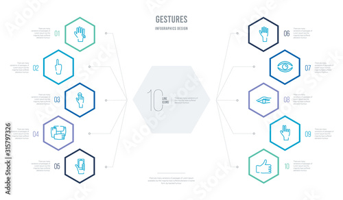 gestures concept business infographic design with 10 hexagon options. outline icons such as thumb finger up, two fingers up, eyelashes, eyelid, greetings, charity donation