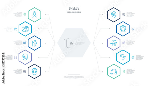 greece concept business infographic design with 10 hexagon options. outline icons such as omega, zeus, robe, armor, socrates, plato