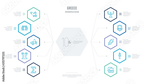 greece concept business infographic design with 10 hexagon options. outline icons such as trireme, sports torch, ink and quill, aspis, psi, pillar