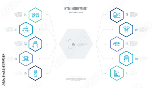 gym equipment concept business infographic design with 10 hexagon options. outline icons such as gym station, jumping equipment, belt, fitness bench, mat, bench press