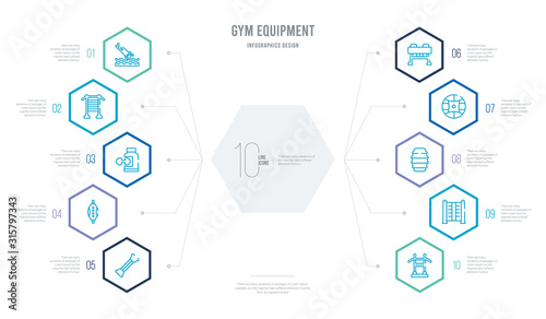 gym equipment concept business infographic design with 10 hexagon options. outline icons such as pull up bar, trellis, barrels, medicine ball, vaulting horse, stretching punching ball