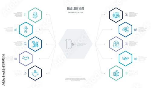 halloween concept business infographic design with 10 hexagon options. outline icons such as pumpkin face, vampire teeth, ghosts, halloween candy, haunted house, bats