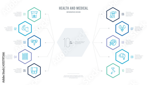 health and medical concept business infographic design with 10 hexagon options. outline icons such as phonendoscope, neurology, optometrist, urology, breast pump, contraceptive pills