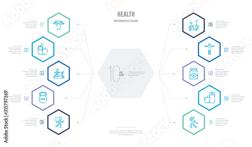 health concept business infographic design with 10 hexagon options. outline icons such as exercise, nutrition, proteins, body, stationary bike, kettlebell