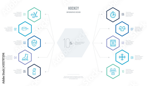 hockey concept business infographic design with 10 hexagon options. outline icons such as audience, snowflake, ice court, clothes, timer, ice skate