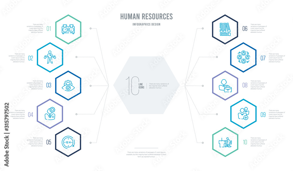 human resources concept business infographic design with 10 hexagon options. outline icons such as working, candidate, employee, networking, files, administrator human resources concept business infographic design with 10 hexagon options. outline icons such as working, candidate, employee, networking, files, administrator