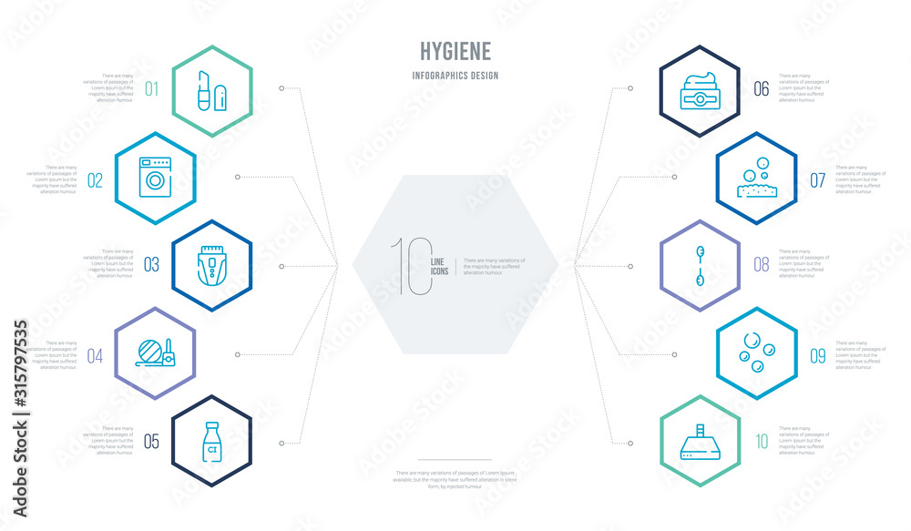 hygiene concept business infographic design with 10 hexagon options. outline icons such as extractor, bubbles, cotton swab, bubble, body cream, cosmetics hygiene concept business infographic design with 10 hexagon options. outline icons such as extractor, bubbles, cotton swab, bubble, body cream, cosmetics