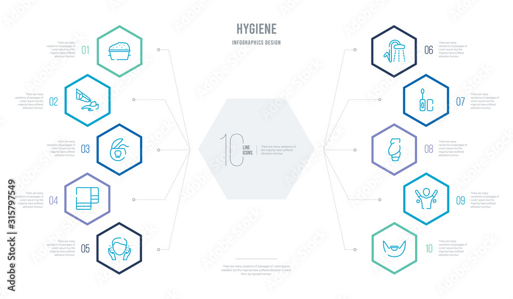 hygiene concept business infographic design with 10 hexagon options. outline icons such as beardy, body odour, body shaming, dolled up, douche, face towel hygiene concept business infographic design with 10 hexagon options. outline icons such as beardy, body odour, body shaming, dolled up, douche, face towel