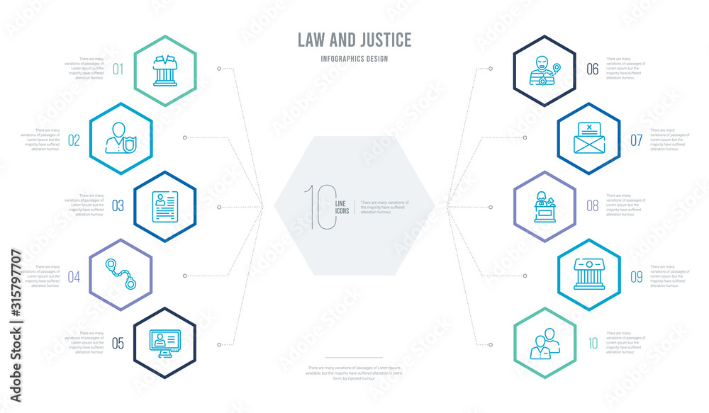 law and justice concept business infographic design with 10 hexagon options. outline icons such as counsel, court, court trial, crime letter, criminal, criminal law law and justice concept business infographic design with 10 hexagon options. outline icons such as counsel, court, court trial, crime letter, criminal, criminal law
