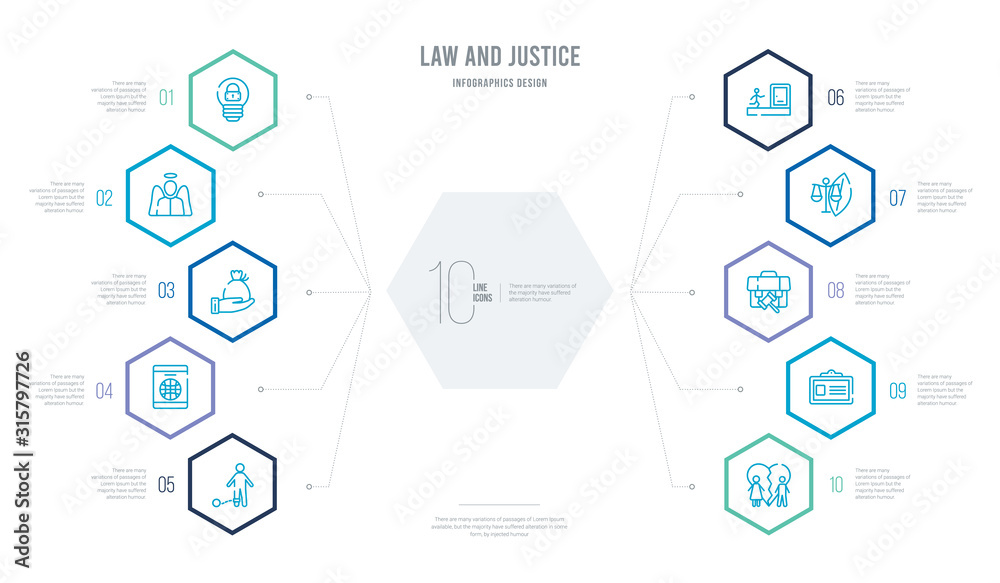 law and justice concept business infographic design with 10 hexagon options. outline icons such as divorce, employment, employment law, environmental law, escape, immigration law and justice concept business infographic design with 10 hexagon options. outline icons such as divorce, employment, employment law, environmental law, escape, immigration