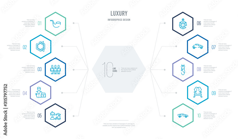 luxury concept business infographic design with 10 hexagon options. outline icons such as lux car, luxury armchair, luxury dress, old car, pocket watch, rich man luxury concept business infographic design with 10 hexagon options. outline icons such as lux car, luxury armchair, luxury dress, old car, pocket watch, rich man