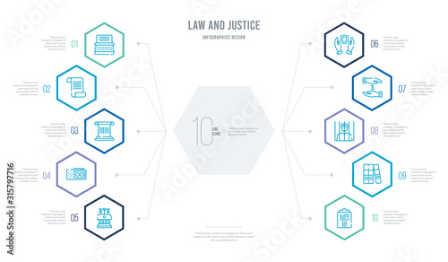 law and justice concept business infographic design with 10 hexagon options. outline icons such as policy, practise areas, prisioner, property and finance, qualified protection, recorder